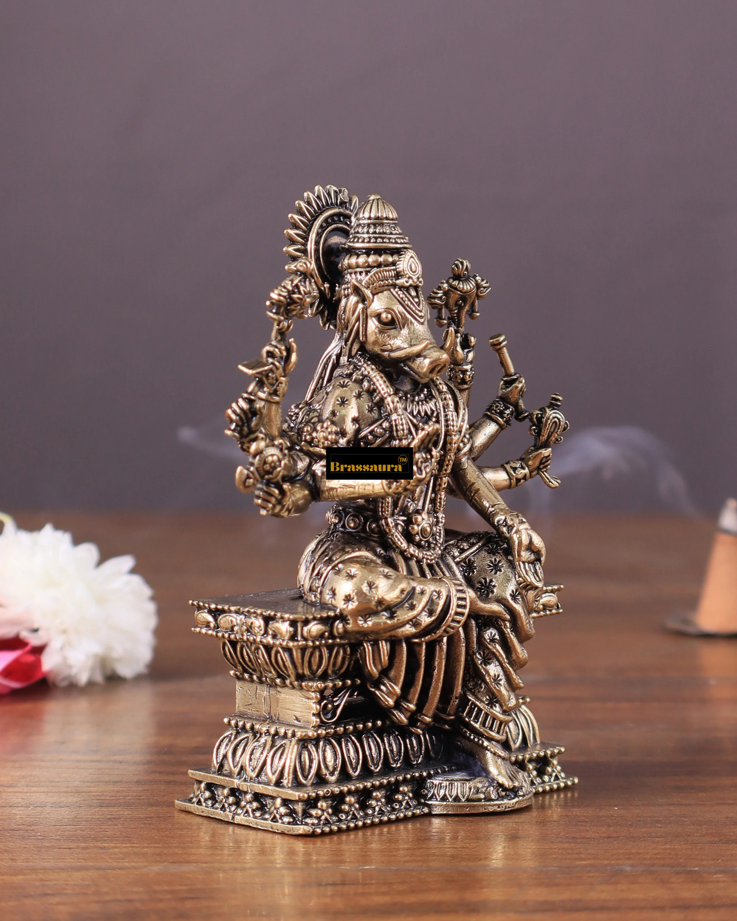 Brassaura™ Superfine Hollow-Cast Goddess Varahi Idol – 4 Inch Height, 0.23 Kg Weight – Intricately Handcrafted Brass Statue