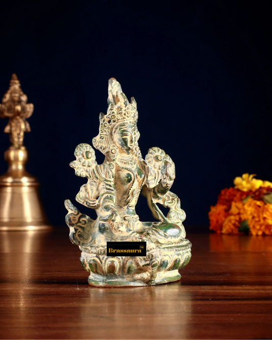 Brassaura™ Green Tara Brass Idol – Height 3.5 Inches | Weight 0.3 Kgs | Double Green Sand Finish
