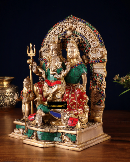Brass Gem Stone Work Shiv parivar Idol for Home and Decor | Weight 6.8 Kg Height 12 inch | Multi-Coloured