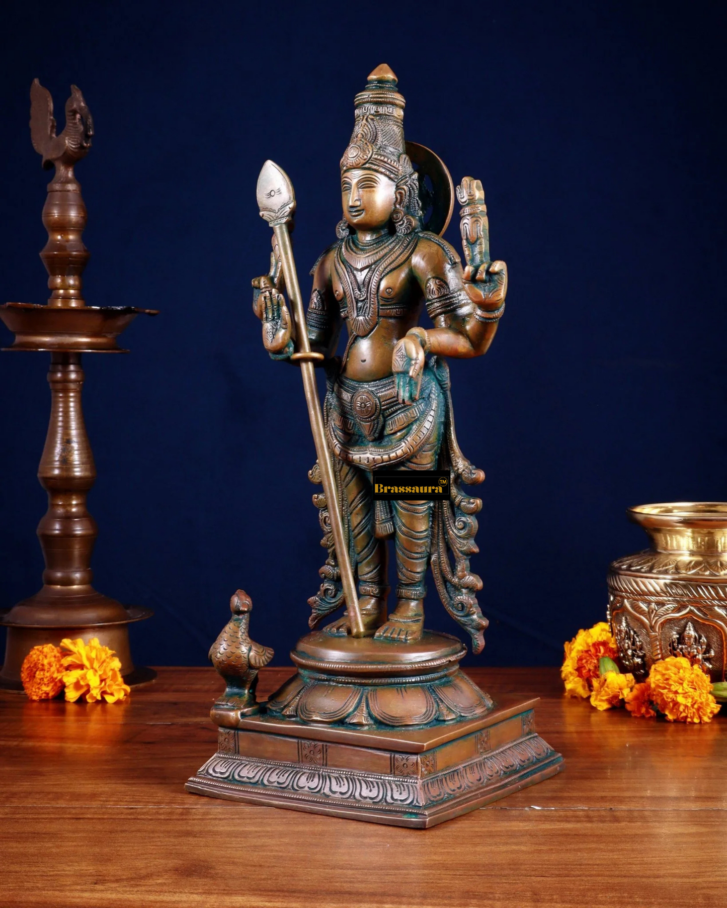 Brassaura™ Pure Brass Kartikeya Murugan Swamy Statue – 14 Inches Height, 4.45 Kgs – Chola Bronze Finish