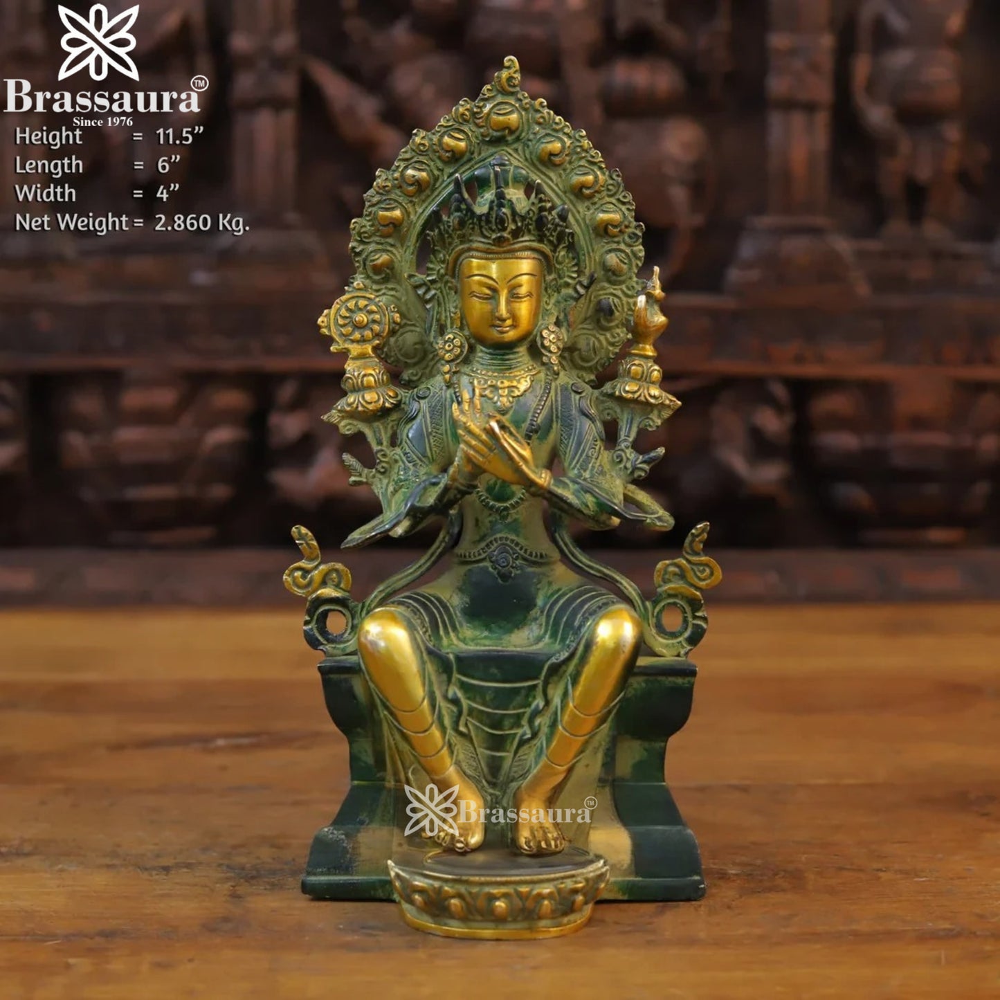 Brass Vintage Gold Tara Statue Weight 2.86 Kg And Height 11.5 Inch