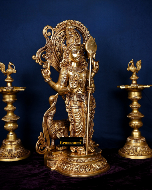 Brassaura® Handcrafted Lord Murugan Statue in Superfine Brass – 20 Inches Height, – With Peacock & Cobra