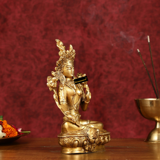 Brassaura™ Pure Brass Green Tara Devi Idol – Height 8 Inches | Weight 1.7 Kgs | Spiritual Decor