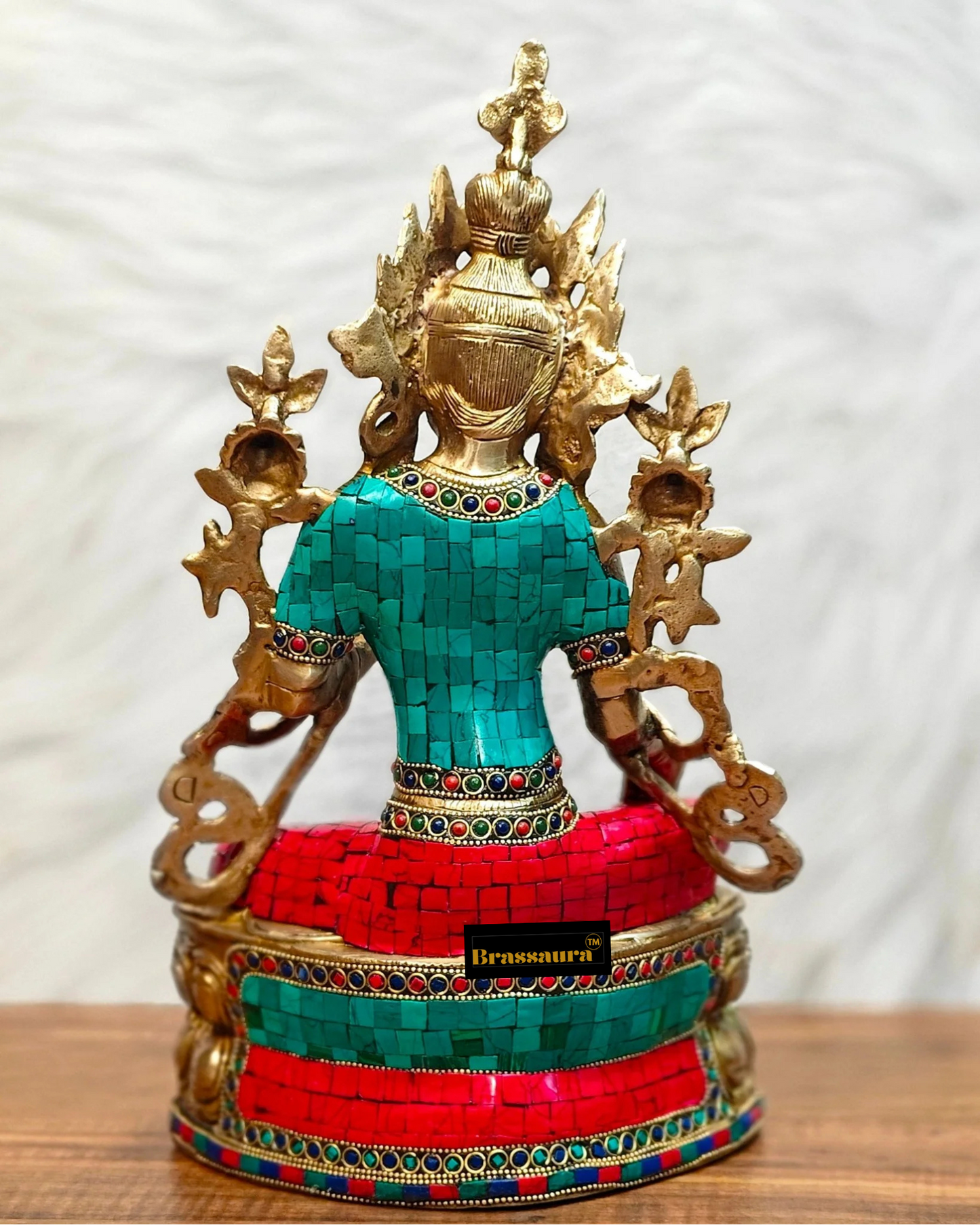 Brassaura™ Pure Brass Green Tara Statue – Height 14 Inches | Weight 5 Kgs | Stonework Detailing