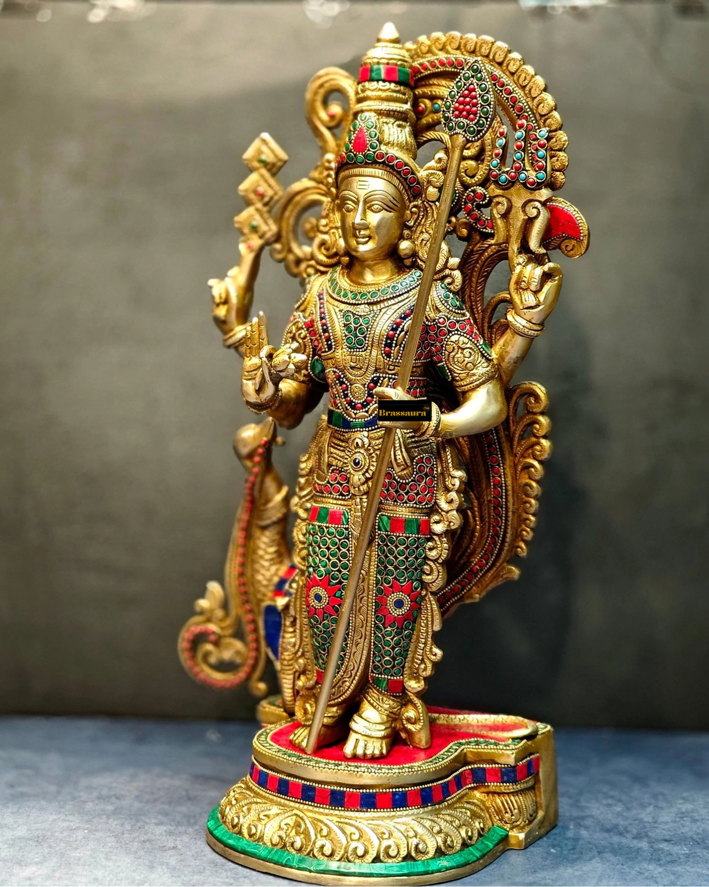 Brassaura™ Handcrafted Lord Murugan Statue in Superfine Brass – 20 Inches Height, 14 Kgs – With Peacock & Cobra