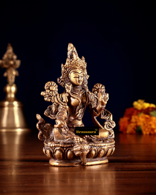 Brassaura™ Green Tara Brass Idol – Height 3.5 Inches | Weight 0.3 Kgs | Double Butter Gold Finish