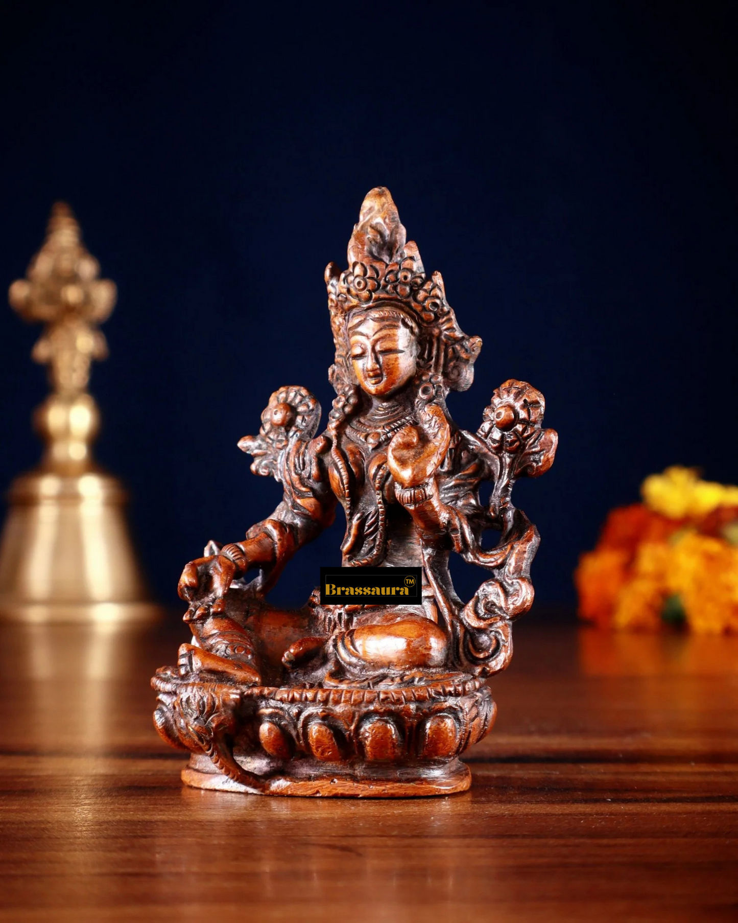 Brassaura™ Green Tara Brass Idol – Height 3.5 Inches | Weight 0.3 Kgs | Tibetan Red Finish