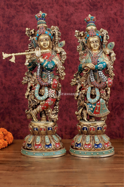 Brassaura™ Brass Radha Krishna Idol Pair – Height 21 Inches & Weight 18 Kgs | Handcrafted Devotional Statues