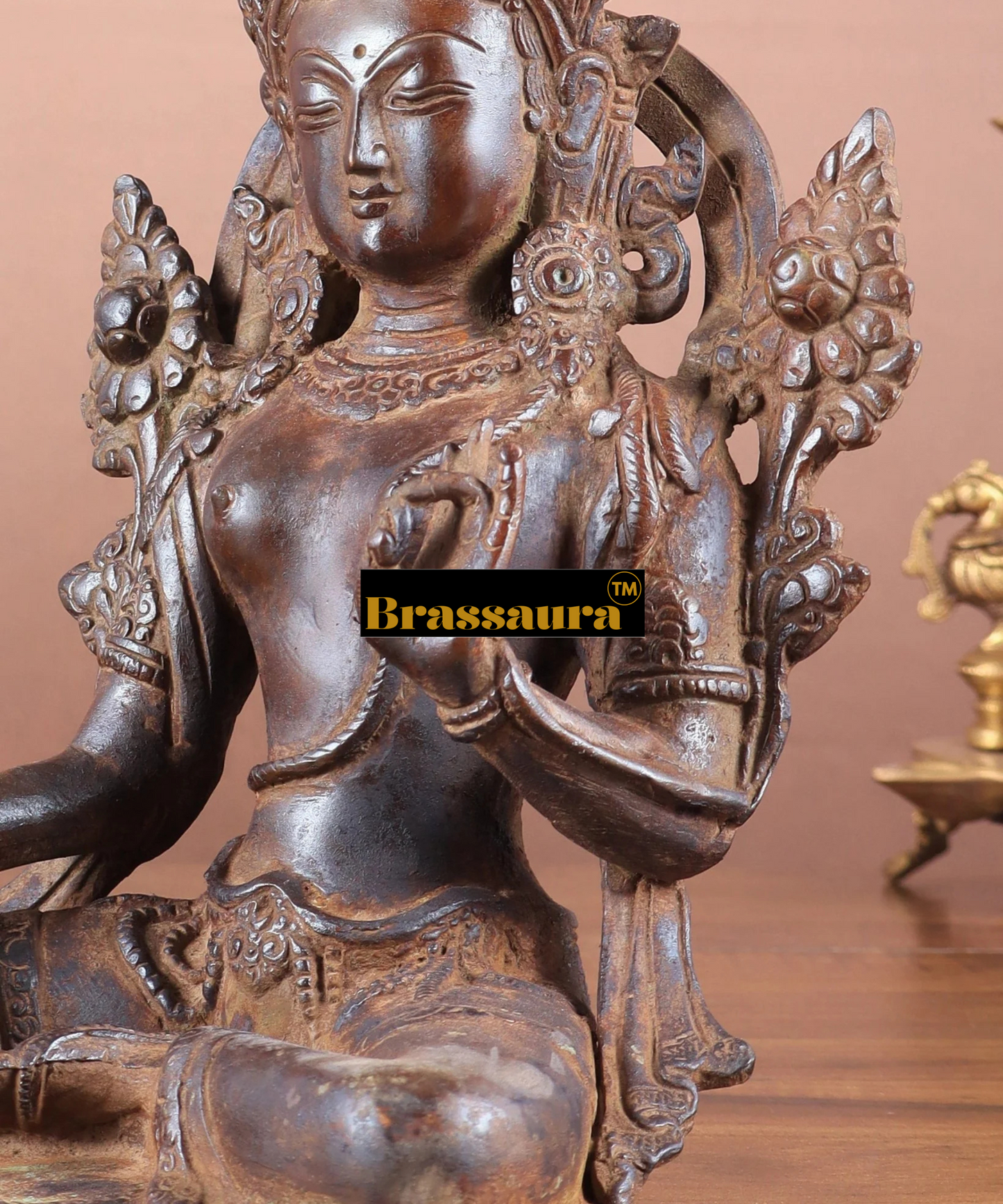 Brassaura™ Vintage Brass Green Tara Statue – Height 10.5 Inches, Weight 3.13 Kgs