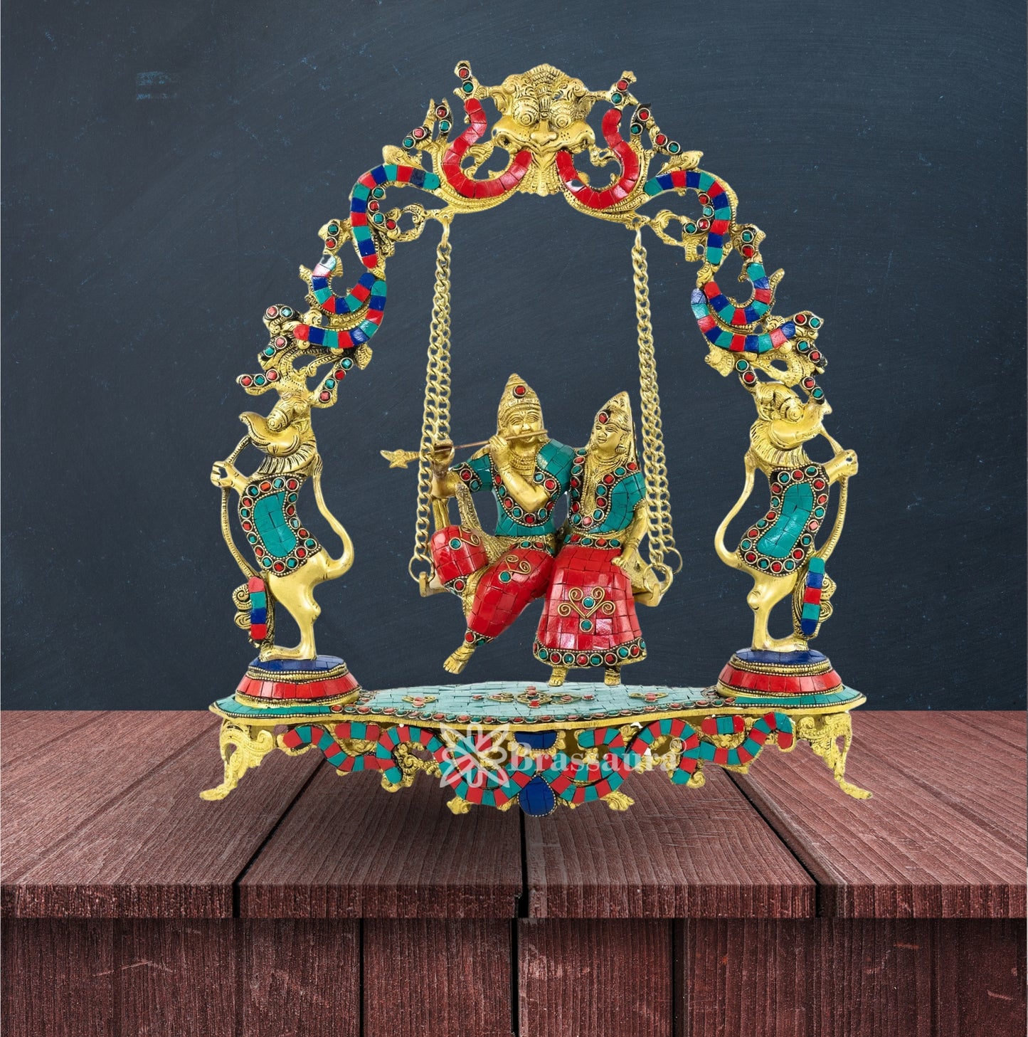 Brass Gem Stone Work Radha Krishna Jhula Weight 7 Kg And Height 17 Inch