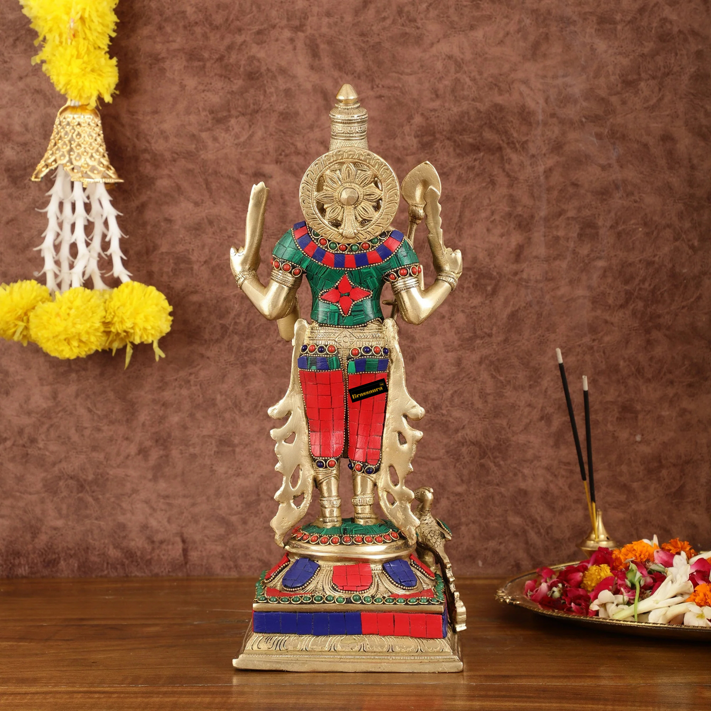 Brassaura™ Pure Brass Kartikeya Murugan Swamy Statue with Stonework – 14 Inches Height, 4.45 Kgs – Intricately Handcrafted