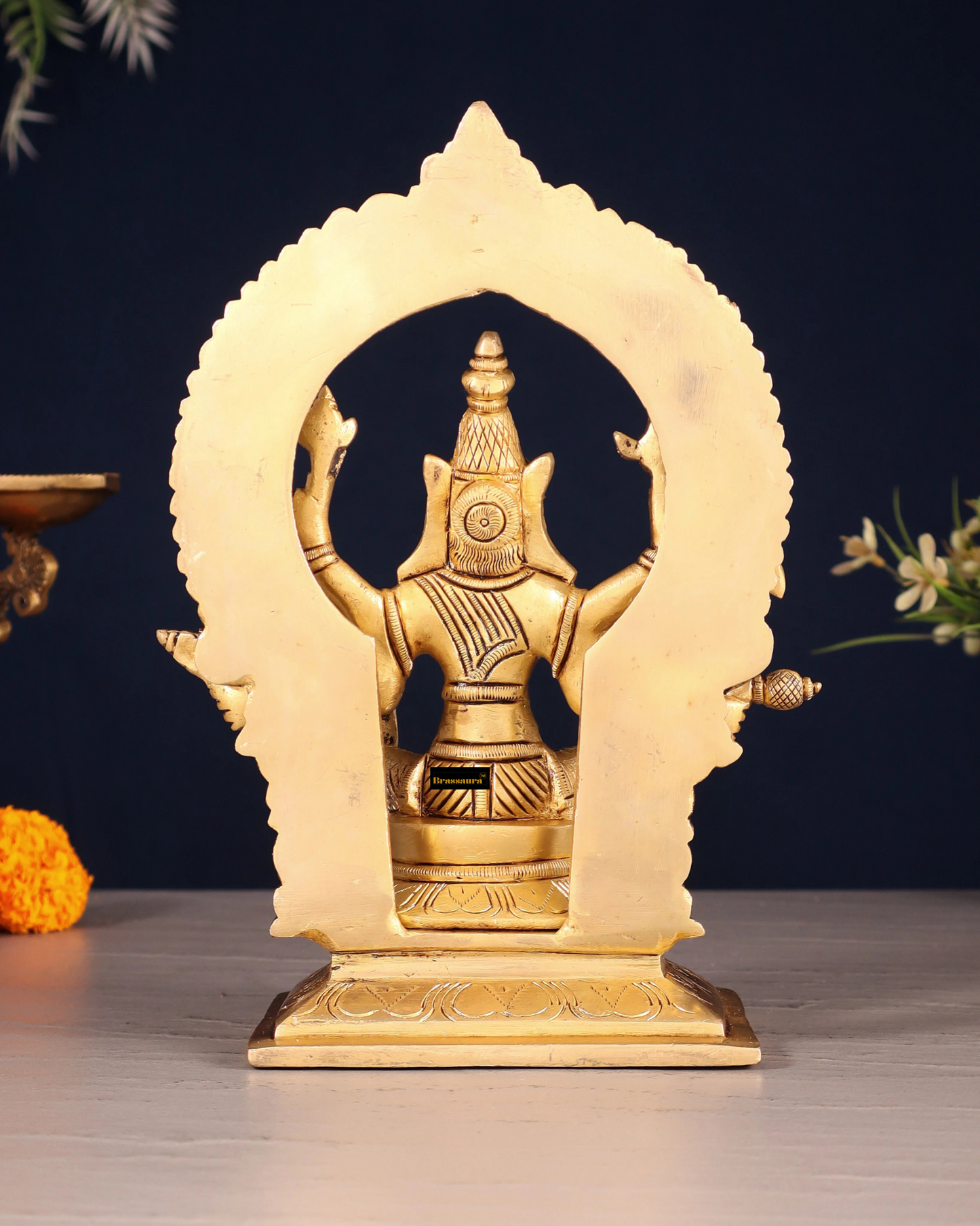 Brassaura™ Pure Brass Varahi Amman Idol – 8 Inch Height, 2 Kg Weight – Handcrafted Seated Goddess Statue with Prabhavali
