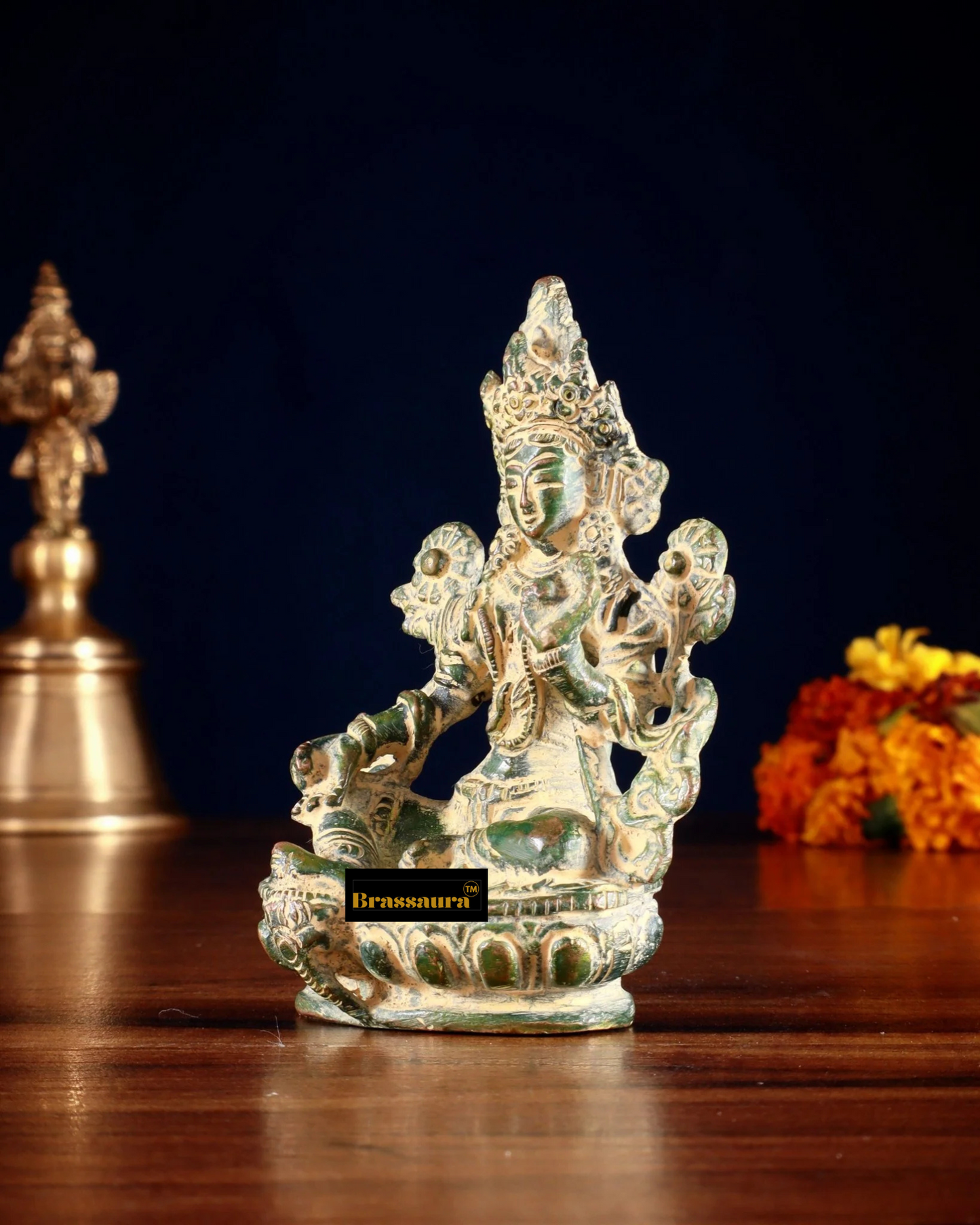 Brassaura™ Green Tara Brass Idol – Height 3.5 Inches | Weight 0.3 Kgs | Double Green Sand Finish