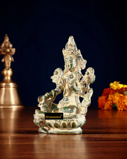 Brassaura™ Green Tara Brass Idol – Height 3.5 Inches | Weight 0.3 Kgs | Double Green Sand Finish