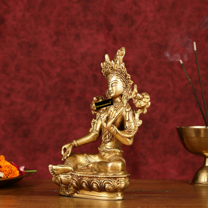 Brassaura™ Pure Brass Green Tara Devi Idol – Height 8 Inches | Weight 1.7 Kgs | Spiritual Decor