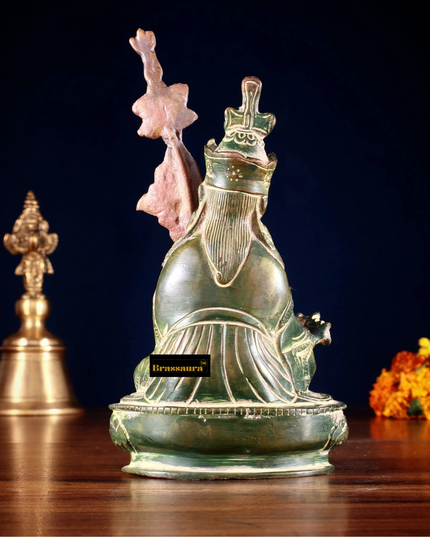 Brassaura™ Brass Guru Rinpoche (Padmasambhava) Statue – Height 6.5 Inches | Weight 0.669 Kgs | Green Finish