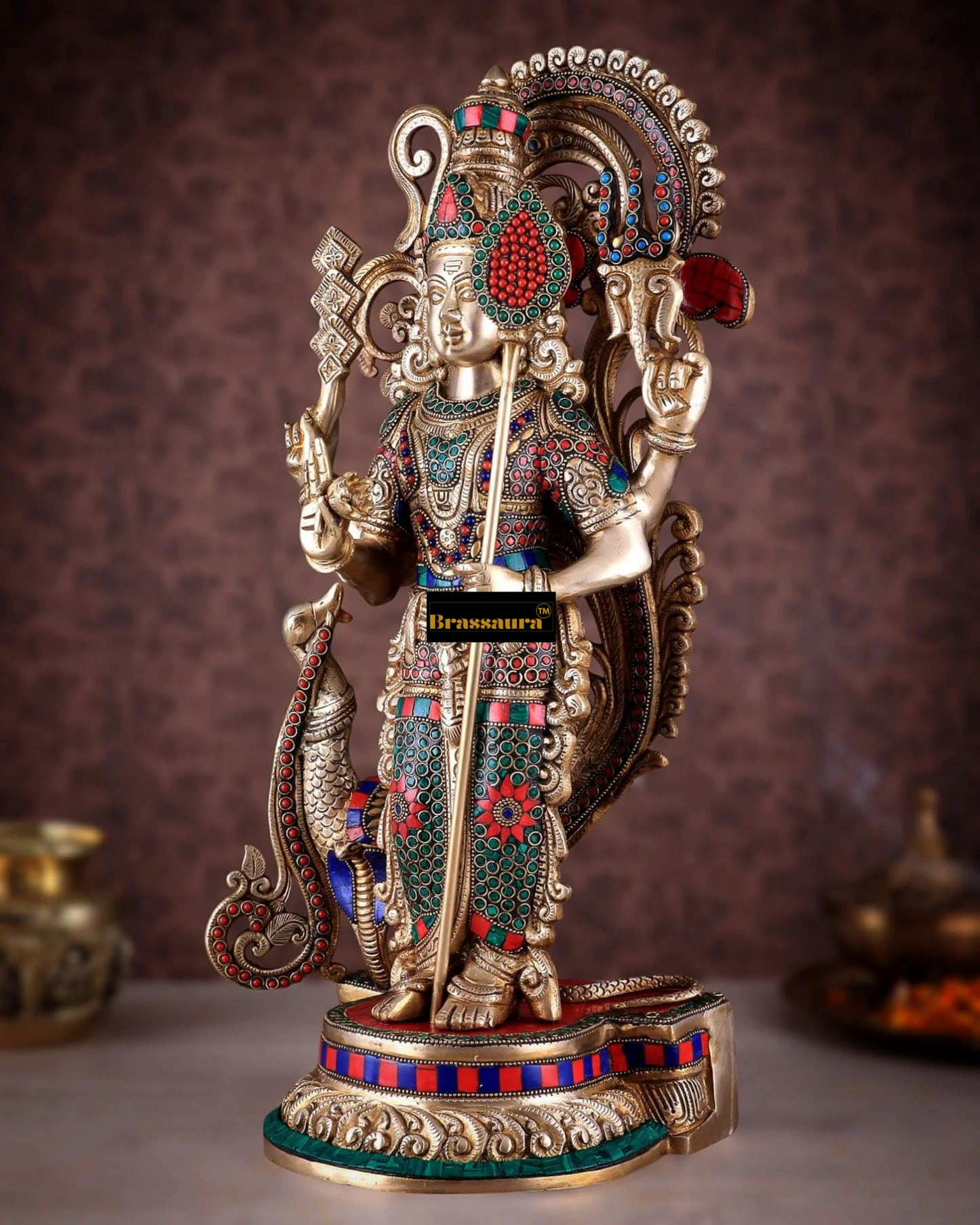 Brassaura™ Handcrafted Lord Murugan Statue in Superfine Brass – 20 Inches Height, 14 Kgs – With Peacock & Cobra