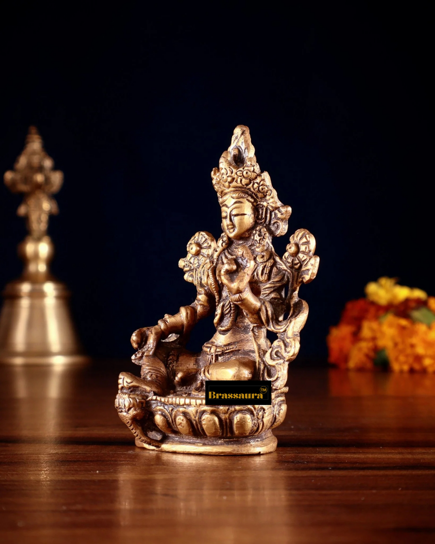 Brassaura™ Green Tara Brass Idol – Height 3.5 Inches | Weight 0.3 Kgs | Double Butter Gold Finish