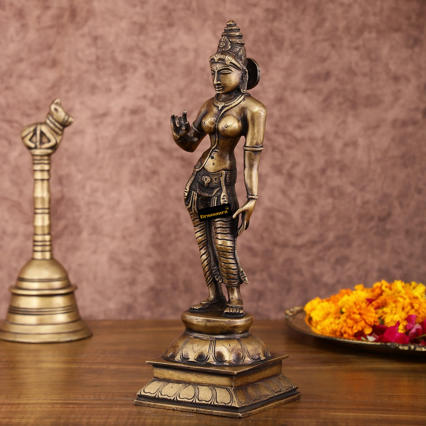 Brassaura™ Pure Brass Devi Parvati Uma Idol – 10 Inch Height, 1.5 Kg Weight – Vintage Finish Standing Statue