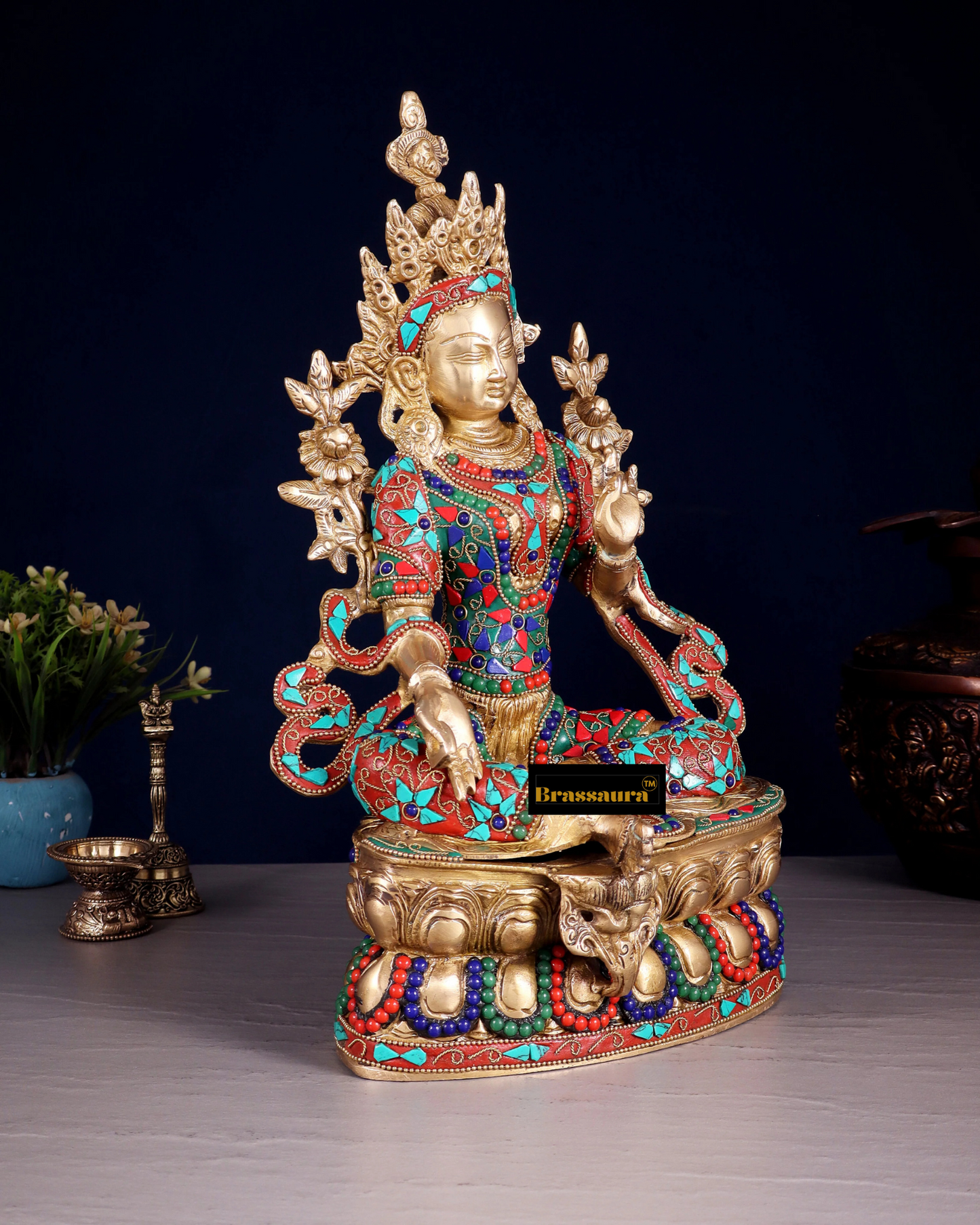 Brassaura™ Pure Brass Green Tara Statue – Height 14 Inches | Weight 6 Kgs | Floral Stone & Brass Wire Work