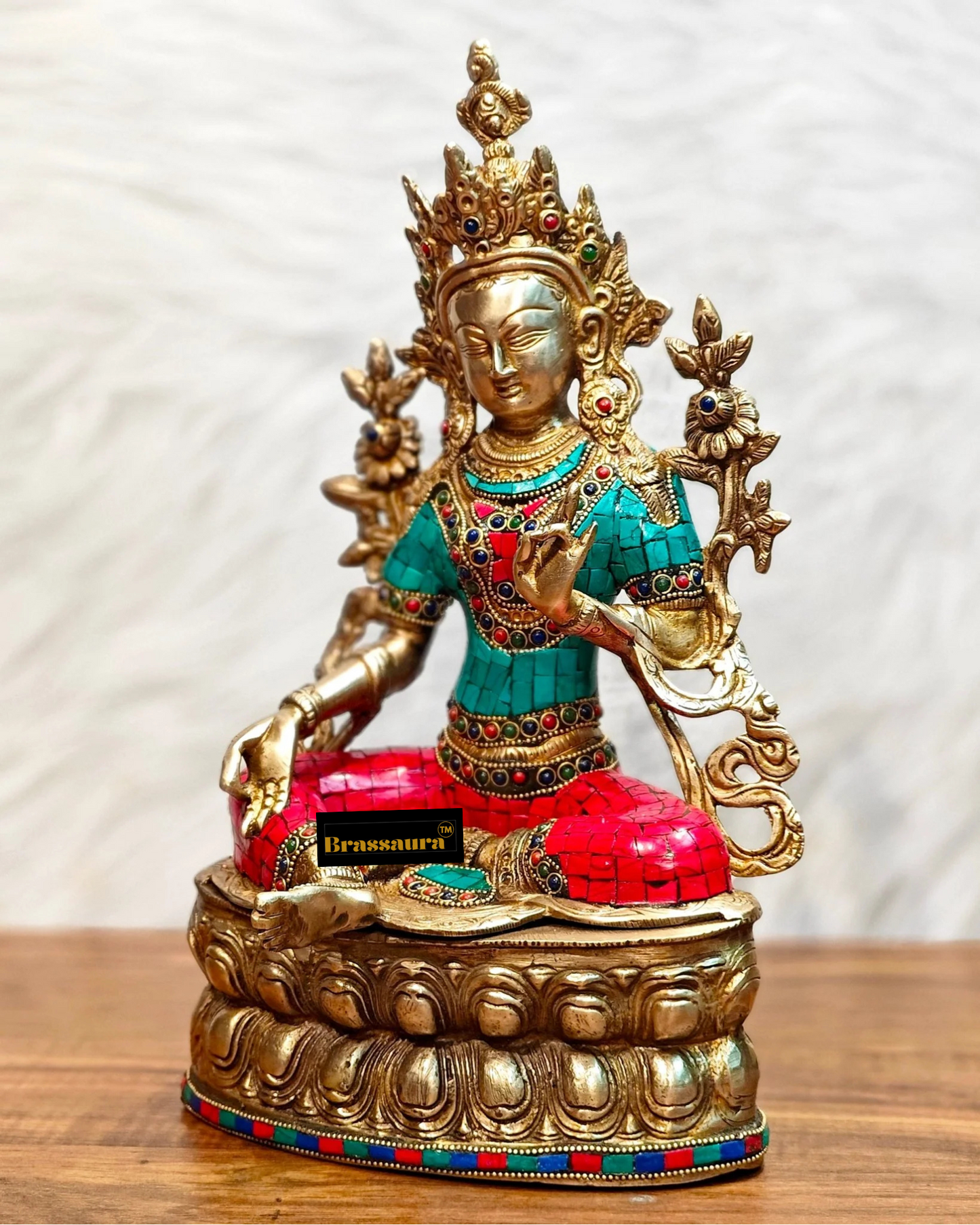 Brassaura™ Pure Brass Green Tara Statue – Height 14 Inches | Weight 5 Kgs | Stonework Detailing