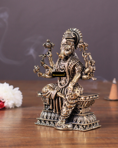 Brassaura™ Superfine Hollow-Cast Goddess Varahi Idol – 4 Inch Height, 0.23 Kg Weight – Intricately Handcrafted Brass Statue