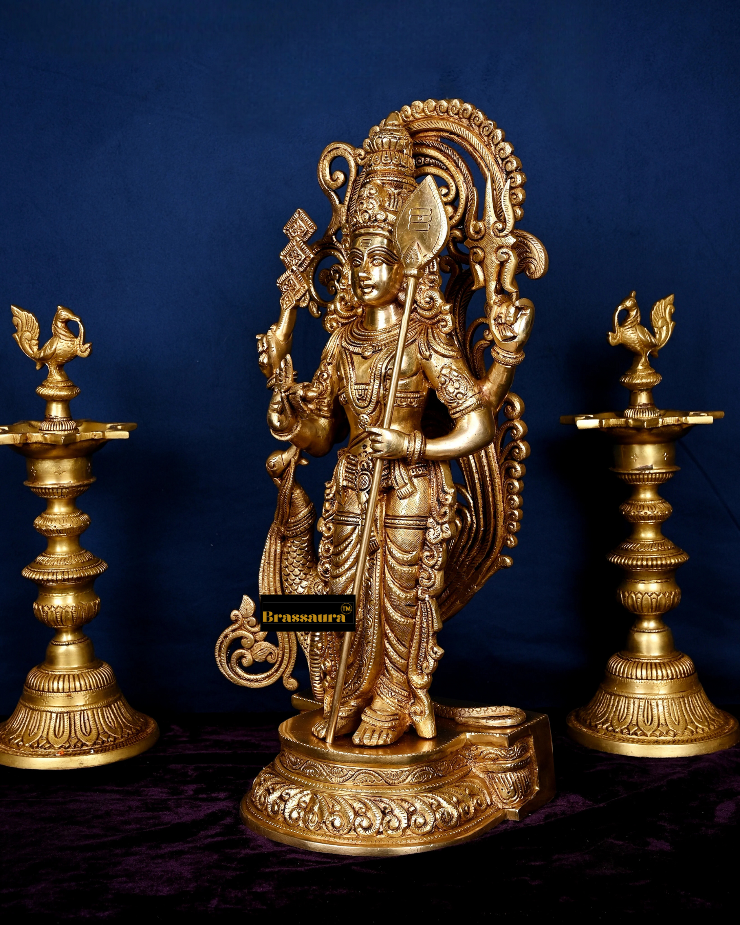 Brassaura™ Handcrafted Lord Murugan Statue in Superfine Brass – 20 Inches Height, 15 Kgs – With Peacock & Cobra