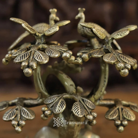 Brassaura® Lord Krishna Playing Flute Under Divine Tree with Sacred Cow & Peacock Pair | Pure Superfine Brass Handcrafted Murti | Brass Statue for Home Temple & Spiritual Décor | Height 10 Inches | Weight 3.54 Kgs