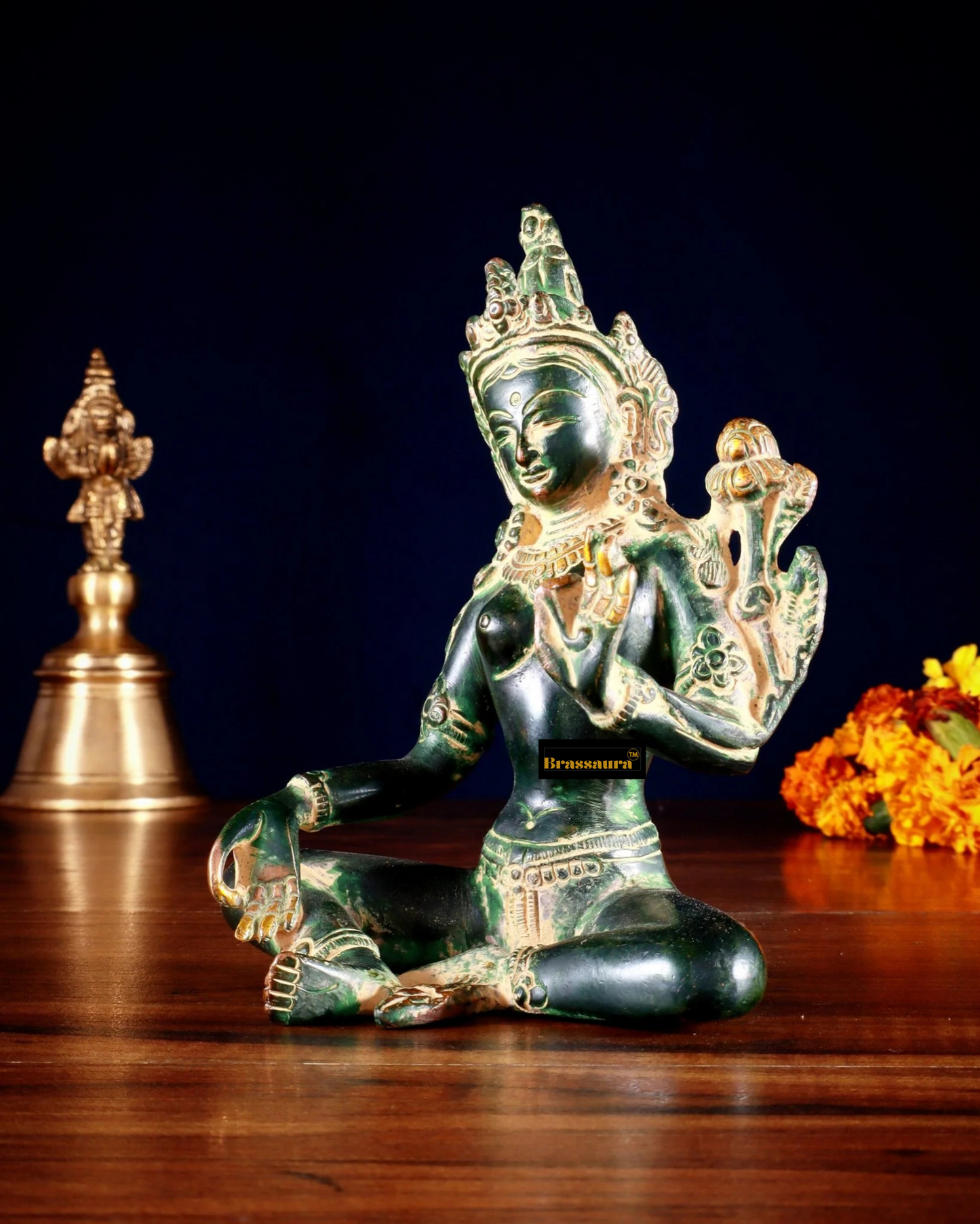 Brassaura™ Green Tara Idol – Height 5.5 Inches | Weight 0.975 Kgs | Agate Green Stone & Sand Finish