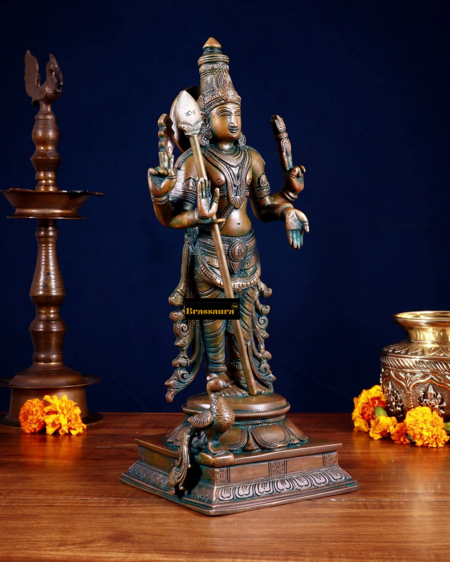 Brassaura™ Pure Brass Kartikeya Murugan Swamy Statue – 14 Inches Height, 4.45 Kgs – Chola Bronze Finish