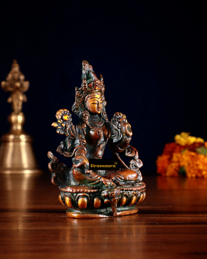Brassaura™ Green Tara Brass Idol – Height 3.5 Inches | Weight 0.3 Kgs | Nepalese Orange Finish