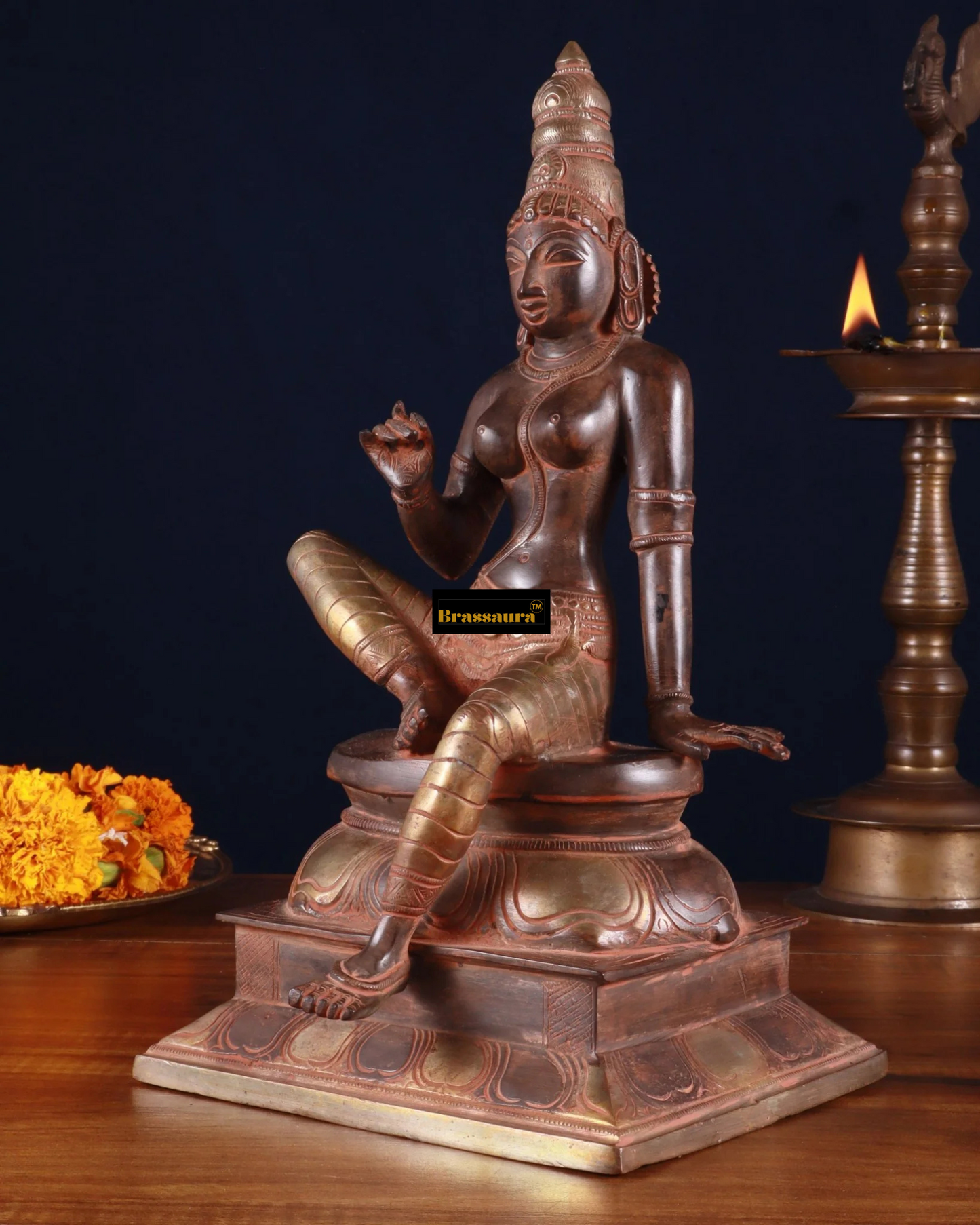 Brassaura™ Pure Brass Seated Parvati Idol – 12 Inch Height, 4.06 Kg Weight – Black & Red Patina Finish Statue