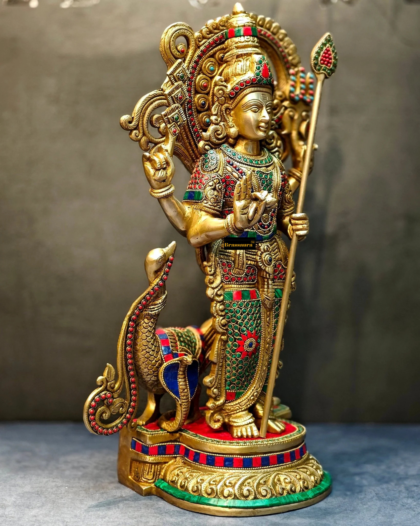 Brassaura™ Handcrafted Lord Murugan Statue in Superfine Brass – 20 Inches Height, 14 Kgs – With Peacock & Cobra