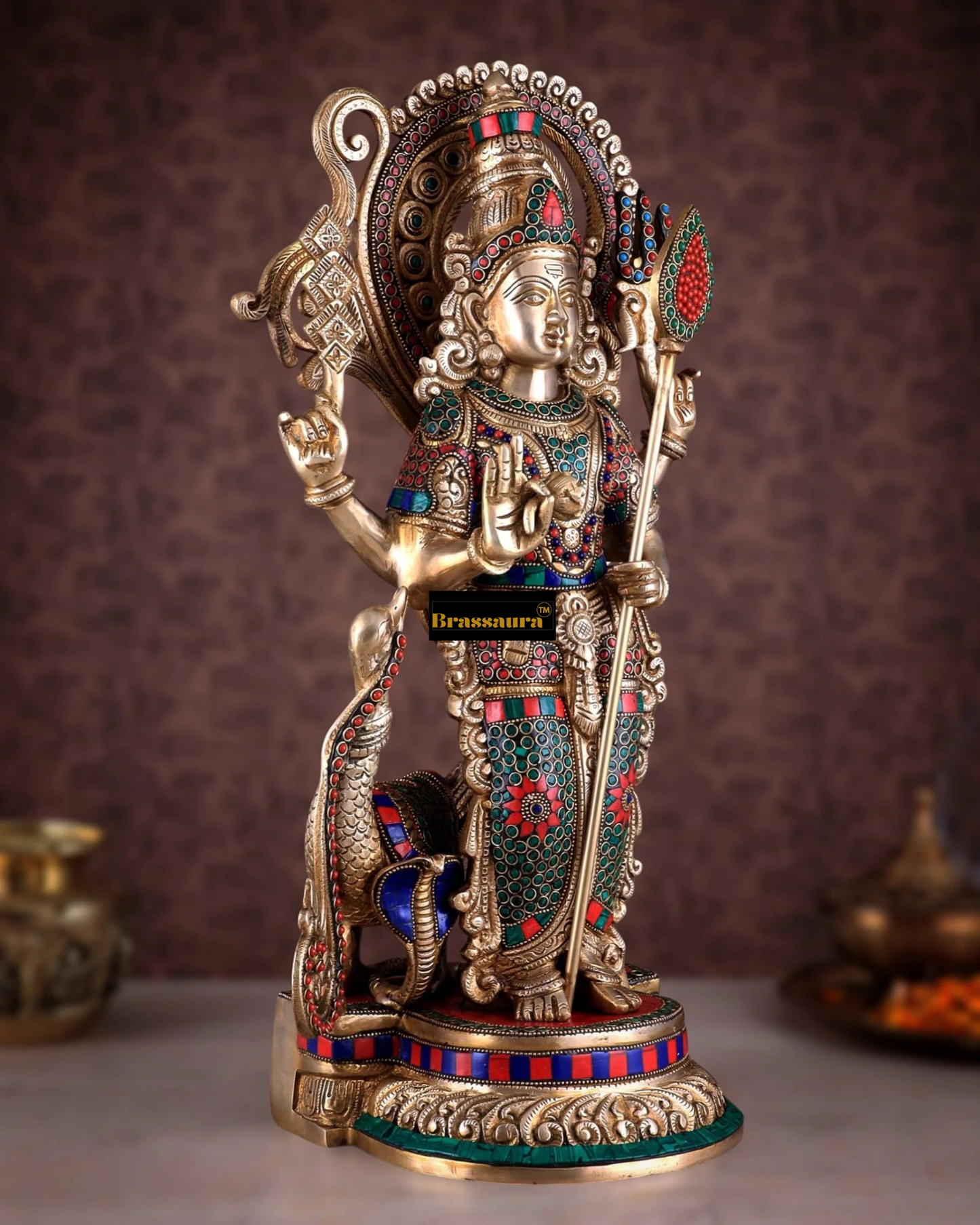 Brassaura™ Handcrafted Lord Murugan Statue in Superfine Brass – 20 Inches Height, 14 Kgs – With Peacock & Cobra
