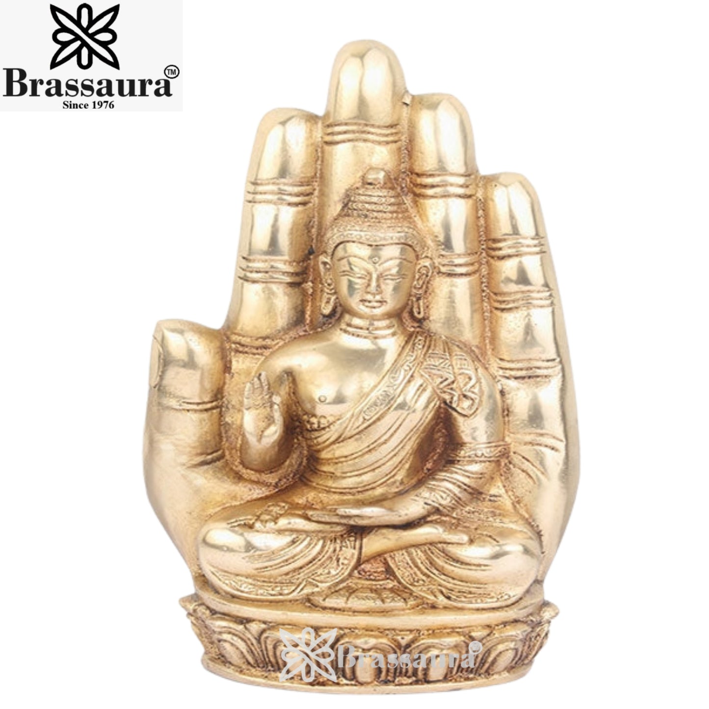 Brass Buddha setting in Hand Weight 2.5 Kg & Height 9 Inch