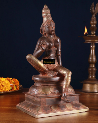 Brassaura™ Pure Brass Seated Parvati Idol – 12 Inch Height, 4.06 Kg Weight – Black & Red Patina Finish Statue