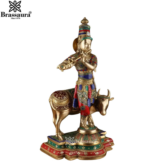 Brassaura® Premium Brass Lord Krishna Playing Flute with Sacred Cow Idol | Handcrafted Stone Inlay Brass Murti for Home Temple & Luxury Décor | Height 26.5 Inches | Weight 26.7 Kg