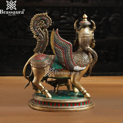 Brass Gem Stone Work Kaamdhenu Statue Weight 13.1 Kg And Height 17 Inch