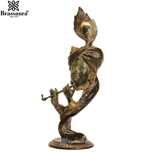 Brassaura® Artistic Handcrafted Brass Krishna Décor | Abstract Lord Krishna Playing Flute Sculpture with Peacock Feather Design | Vintage Green & Gold Finish | Height 20 Inches | Weight 7.9 Kgs