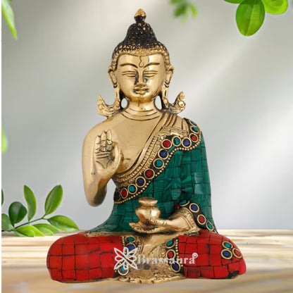 Brass Blessing Gem Stone Work Buddha Weight 1.3 kg & Height 6 Inch