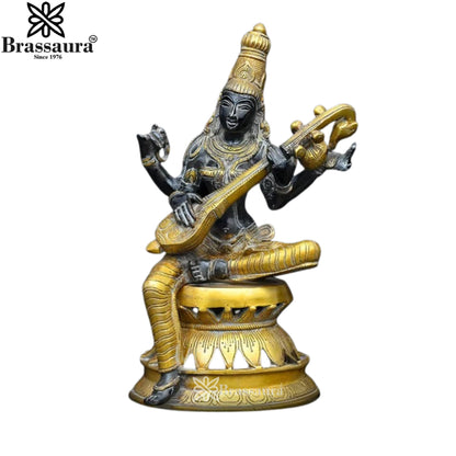 Brassaura™ Brass Saraswati Figurine – Height 12.2 Inches & Weight 4.59 Kgs | Artistic Goddess Statue