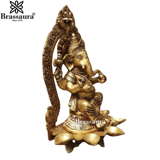 Brassaura® Ganesh Brass Statue with Diya and Prabhavali | Pure Brass | Height 18 Inches