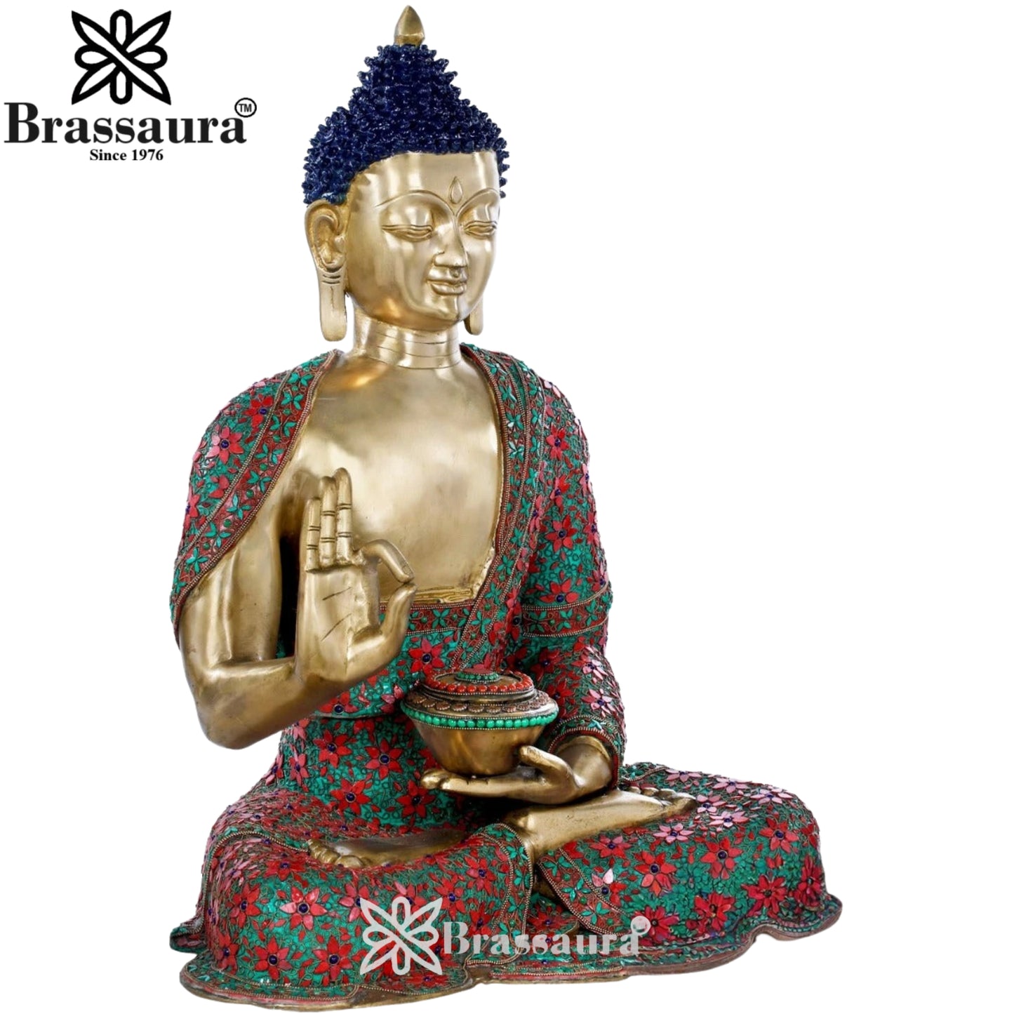 Brass Blessing Gem Stone Work Buddha Weight 37 kg & Height 28 Inch