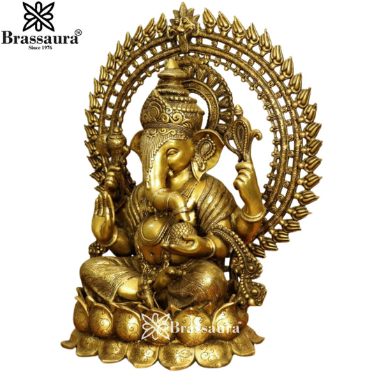 Brassaura® Golden Superfine Lord Ganesha with Ornate Prabhavali | Brass Idol | Height 26 Inches