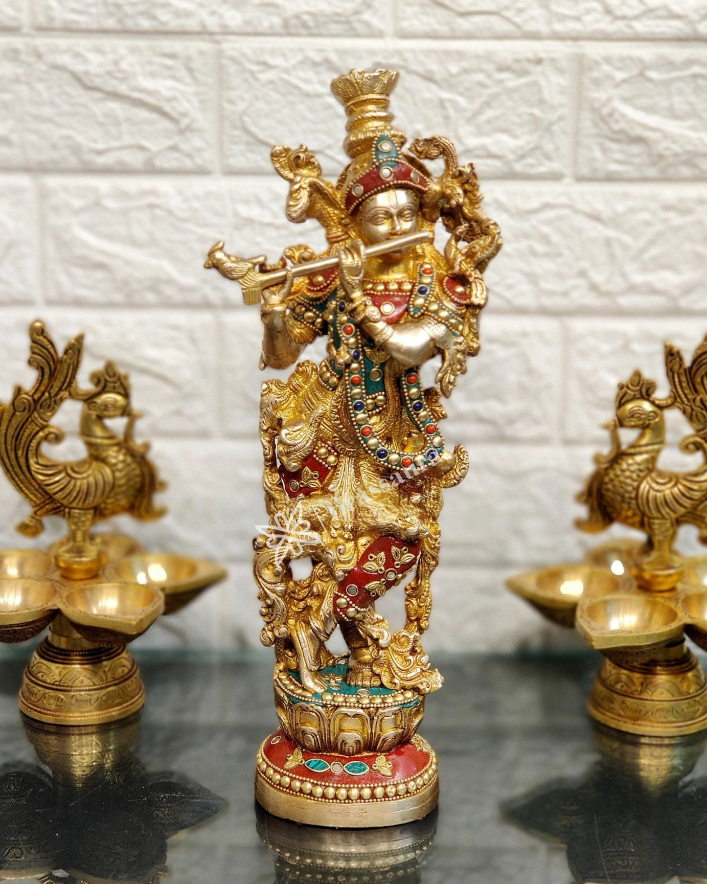 Brassaura™ Finely Carved Radha Krishna Statues – 14 Inch Height, 8.5 Kg Pair | Natural Stone & Pure Brass Ring Detailing