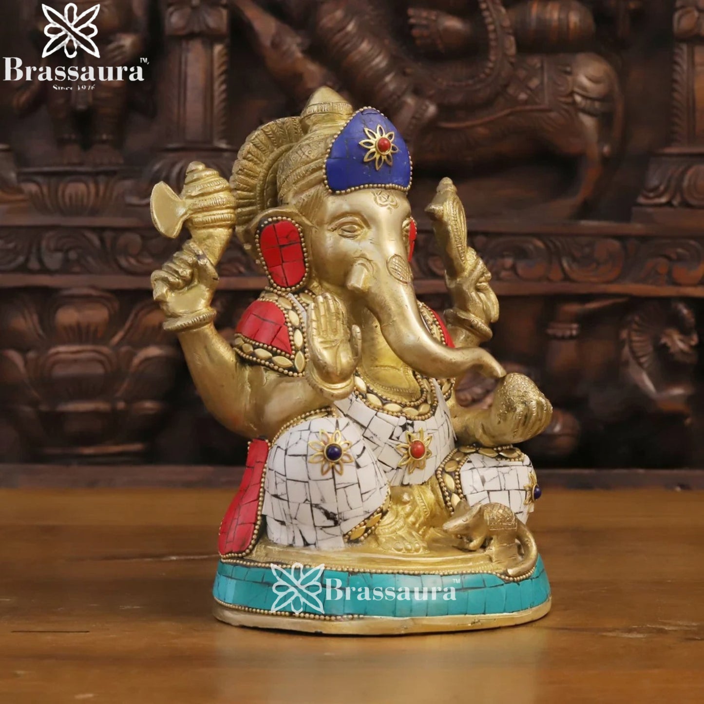Brass Gem Stone Work Ganesha Weight 3.2 Kg & Height 8 Inch