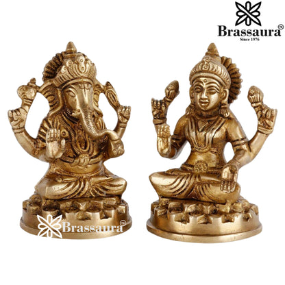 Brassaura™ Elegant Brass Laxmi Ganesha Idol – Height 4 Inches & Weight 1.8 Kgs | Devotional Home Décor