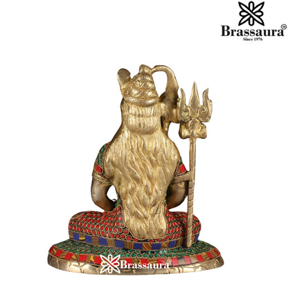 Brassaura™ Gemstone Decorated Brass Lord Shiva Statue – Height 10 Inches & Weight 4.3 Kgs | Spiritual Home Accent