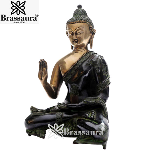 Brassaura® Brass Vintage Buddha Idol with Black Antique Finish – Pure Superfine Brass Handcrafted Murti, Brass Statue for Home Temple, Pooja Room – 11 Inch, 3.5 Kg