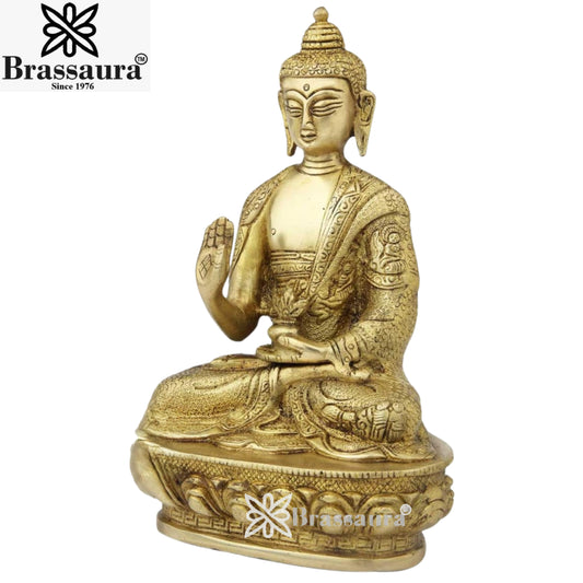 Brassaura® Buddha Statue – Artistic Royal Golden Finish | Pure Superfine Brass Handcrafted Murti | Brass Statue for Home Temple, Pooja Room | Height 9 Inch | Weight 1.8 Kg